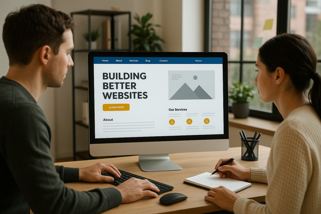 People exploring website templates on large computer monitors