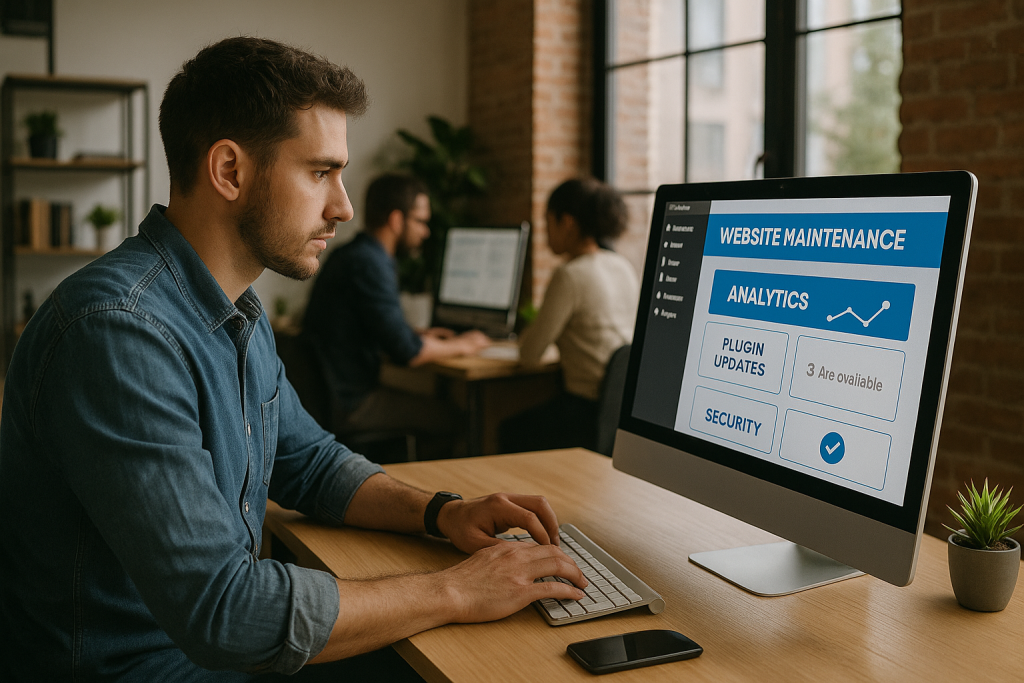 Developer running website maintenance on PC in agency office