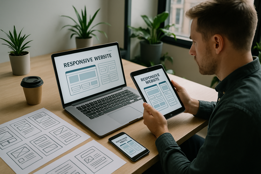 UX designer testing mobile-friendly website on multiple devices