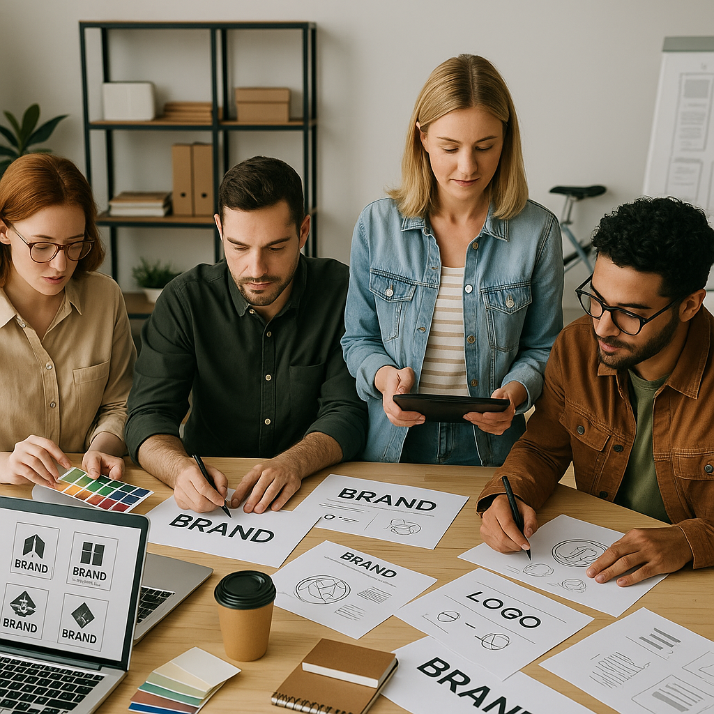 Design team working collaboratively in a modern office environment