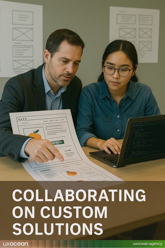 Agency team collaborating with a web developer to build a custom client website, ensuring the design vision is fully realized with clean code.