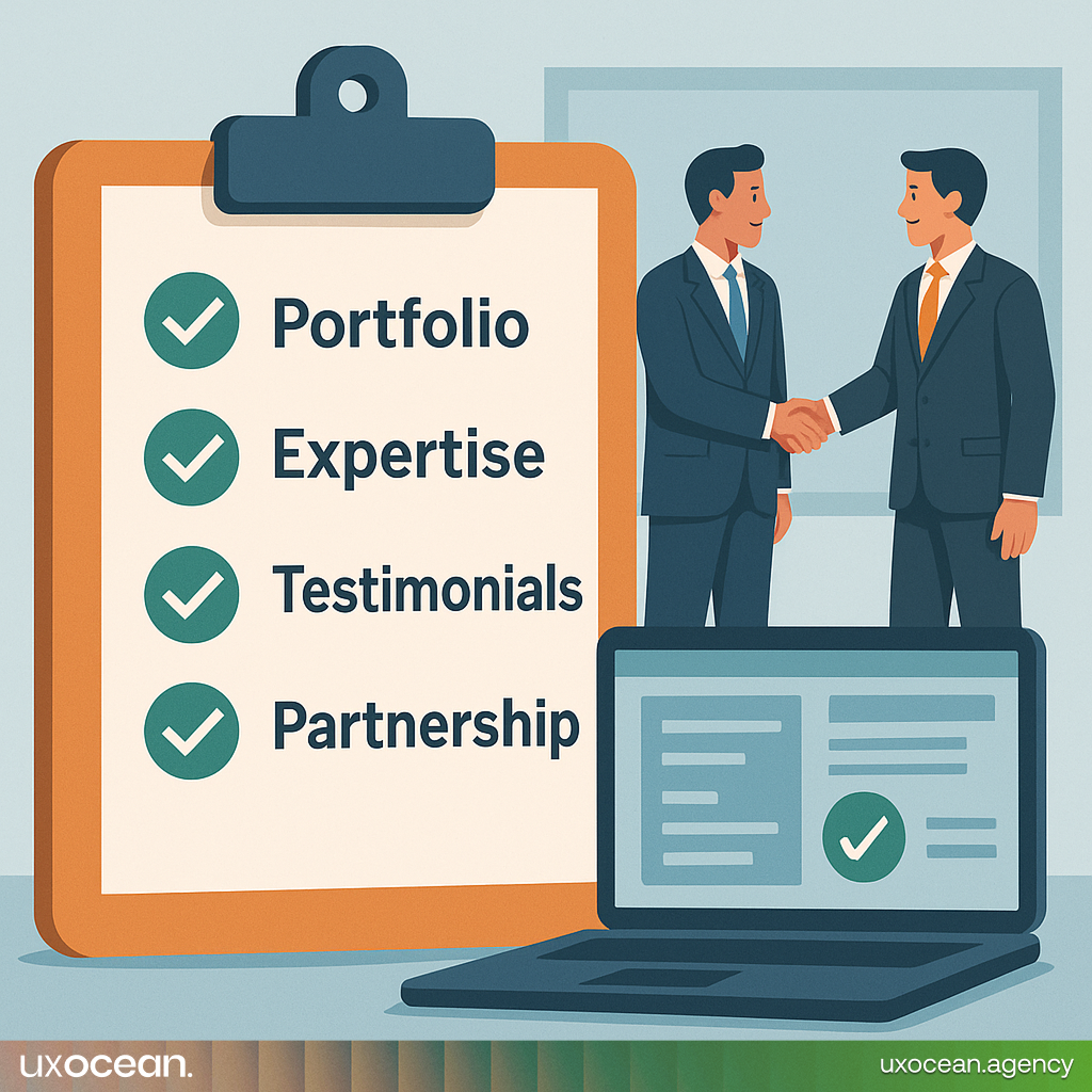 Checklist of criteria for choosing a custom website development company, with a handshake representing a successful partnership.