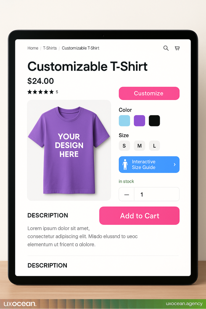 ustom eCommerce website design example with a unique product page layout and interactive features.