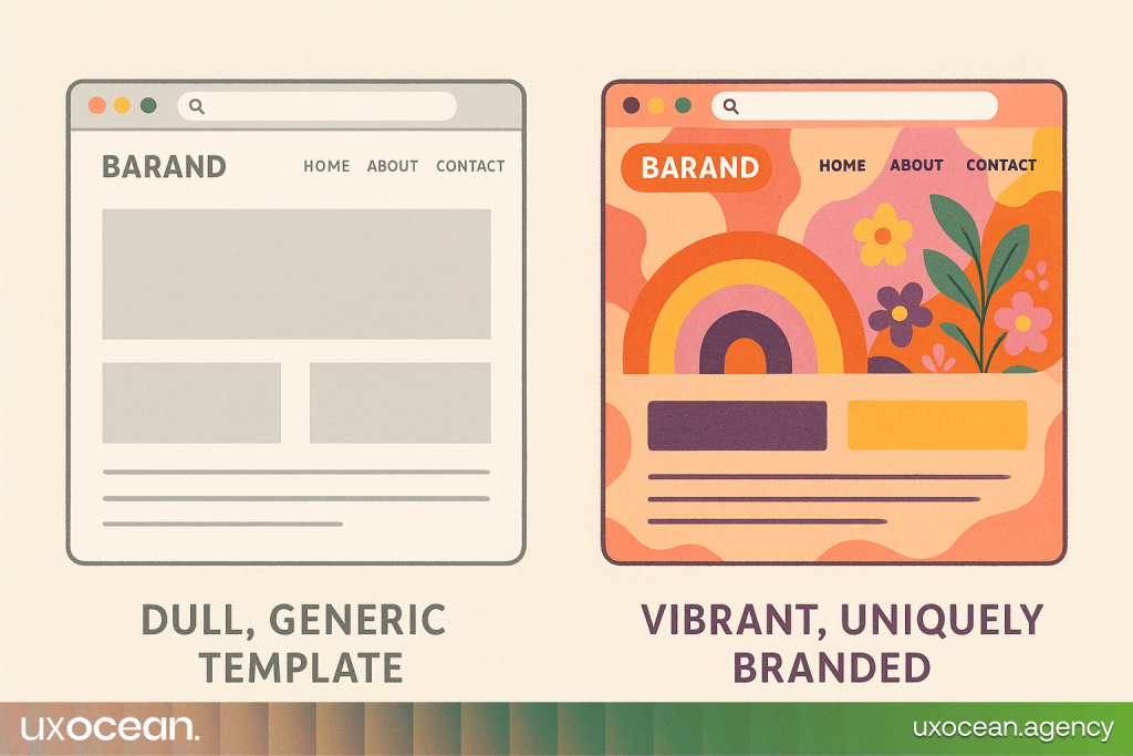 Comparison of a generic template website vs a uniquely branded custom website.