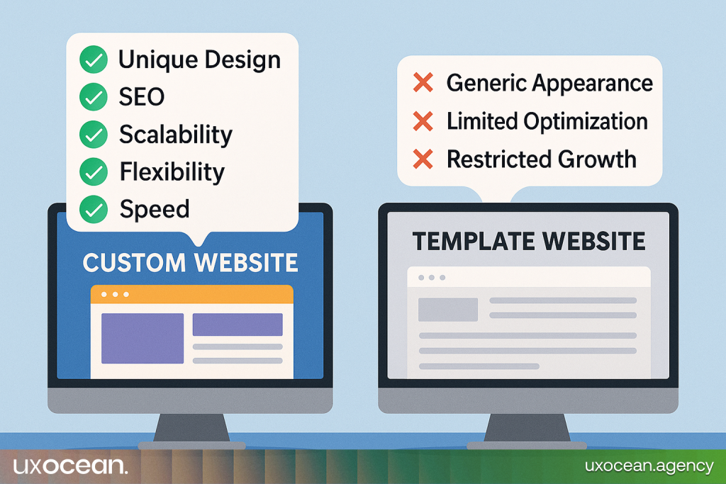 Illustration of custom website benefits like unique design, speed, and flexibility compared to a generic template site.