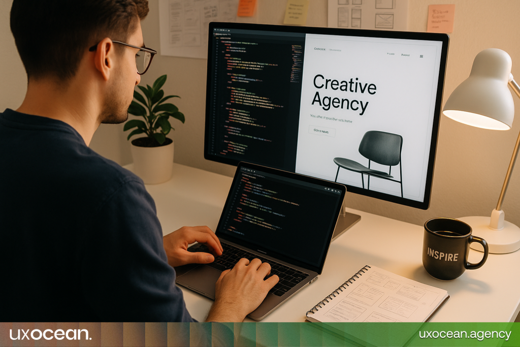 Web developer coding a custom website with design mockups, representing the bespoke development process.