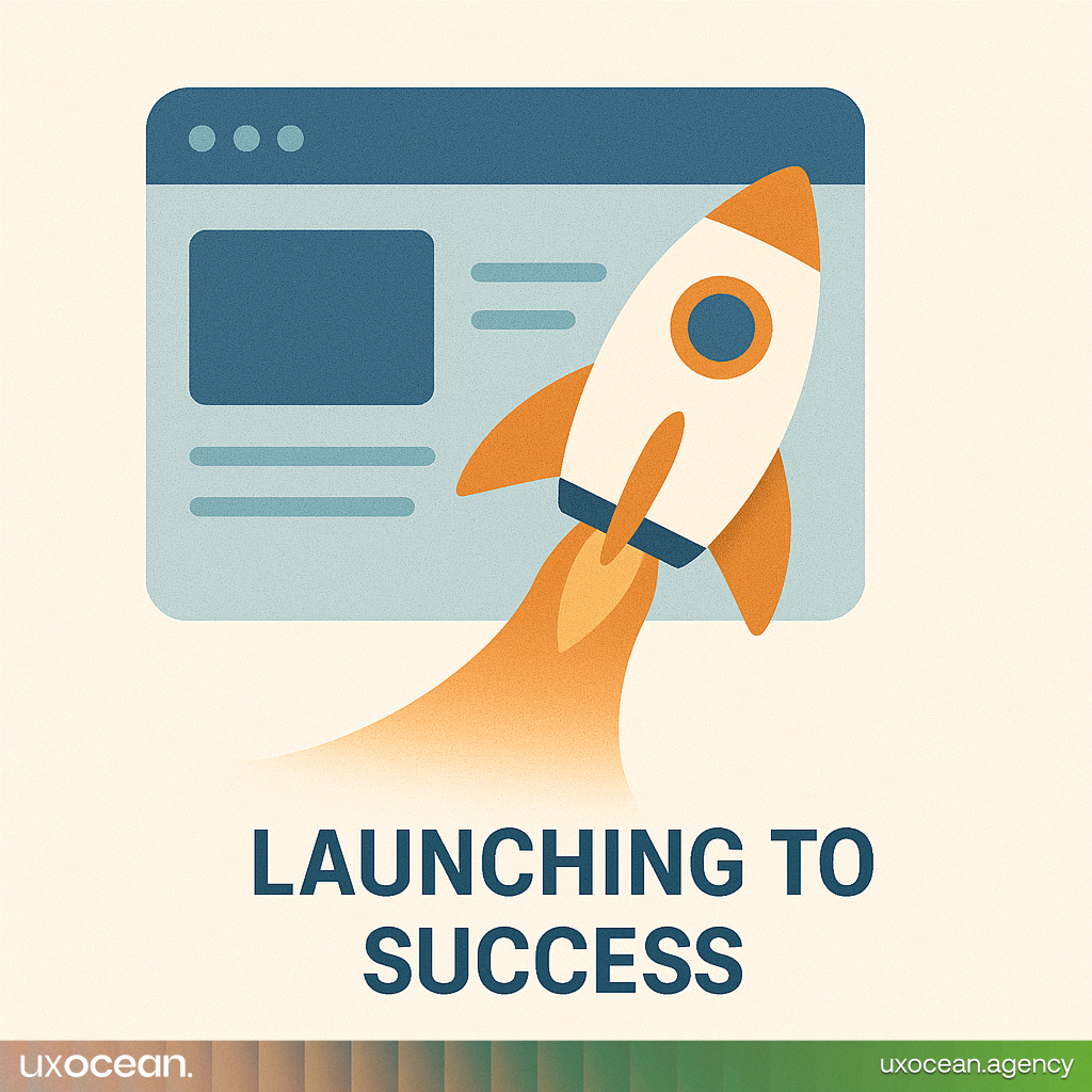 Illustration of a business owner launching a rocket from their website, symbolizing success through custom website development.