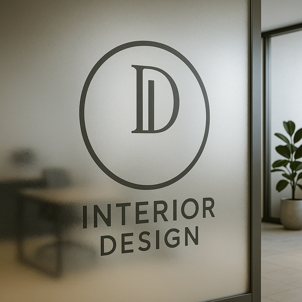 Elegant interior design logo on glass office wall with modern decor elements