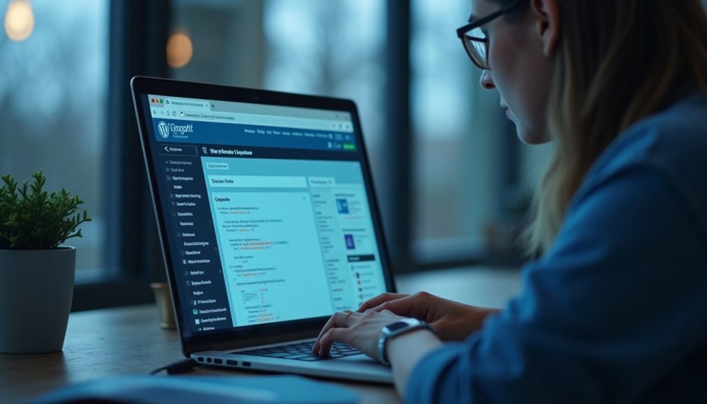 Designer building a WordPress website on a laptop using the WordPress dashboard with plugins and themes open.