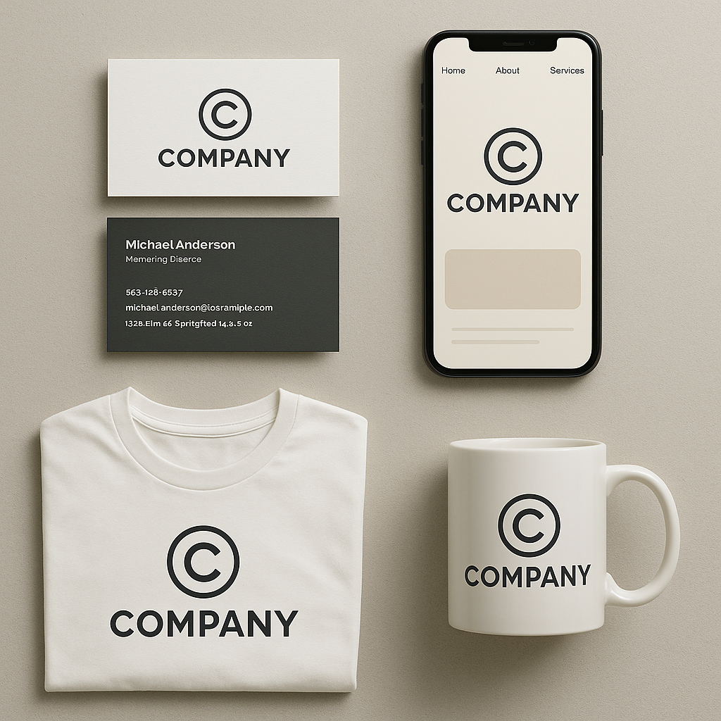 Company logo applied on business card, website, packaging, and merchandise