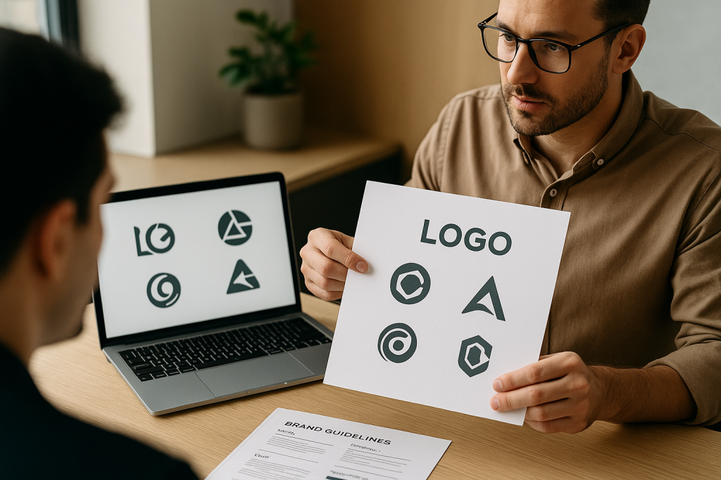 Digital logo designs presented on a laptop in a branding meeting
