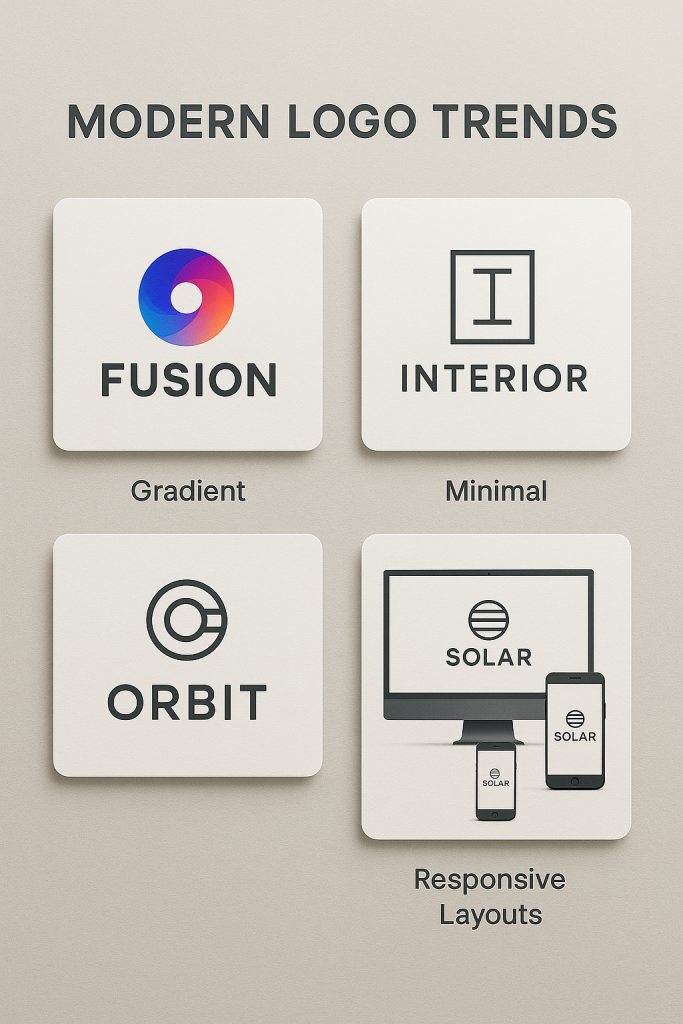 Collage of logo styles showing current trends including gradients and minimalism
