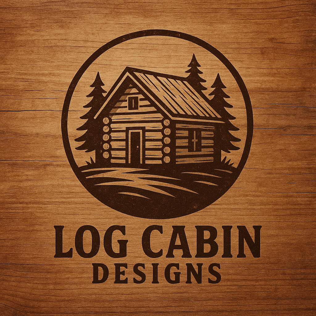 Rustic log cabin logo design with pine trees and mountains