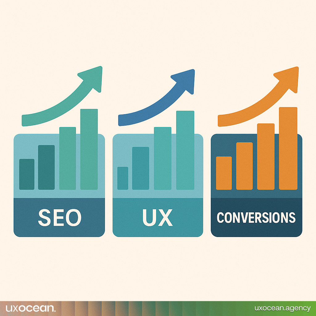 Graphic with arrows trending upward for SEO rankings, user experience (smiley face icon), and conversion rates, indicating growth due to custom website optimizations.