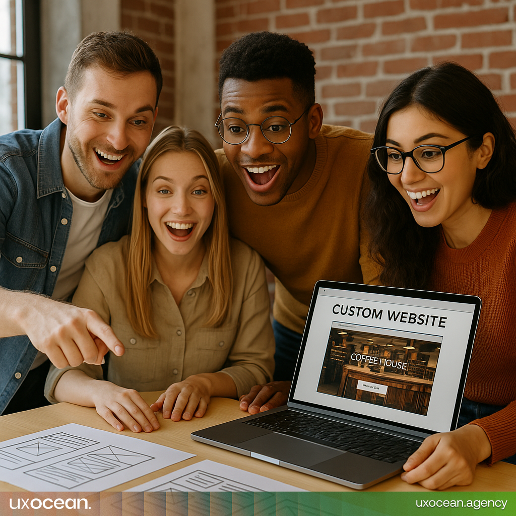 Startup team collaborating on a custom website or app, with wireframes and a laptop displaying their unique platform.