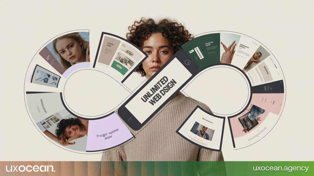 nlimited WordPress web design concept illustrated by an infinity symbol embracing multiple website design mockups.
