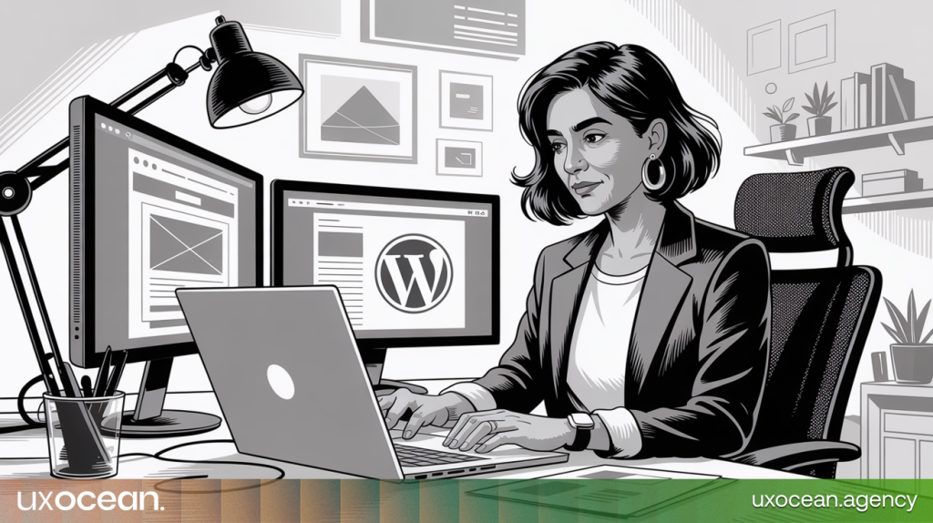 Small business owner collaborating with a WordPress web designer on a laptop.