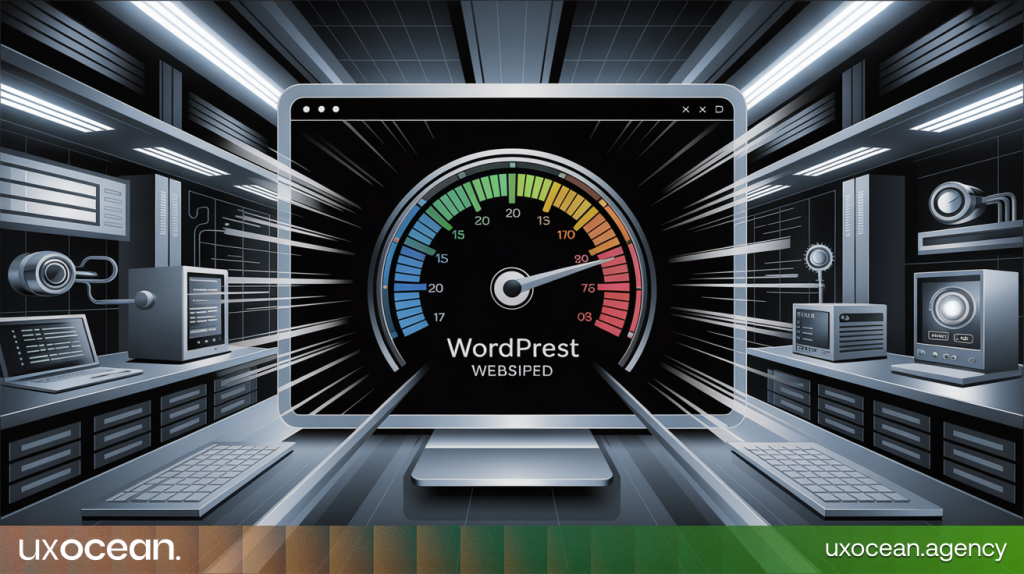 Speed optimization for a WordPress site depicted by a dashboard gauge indicating a fast-loading website.