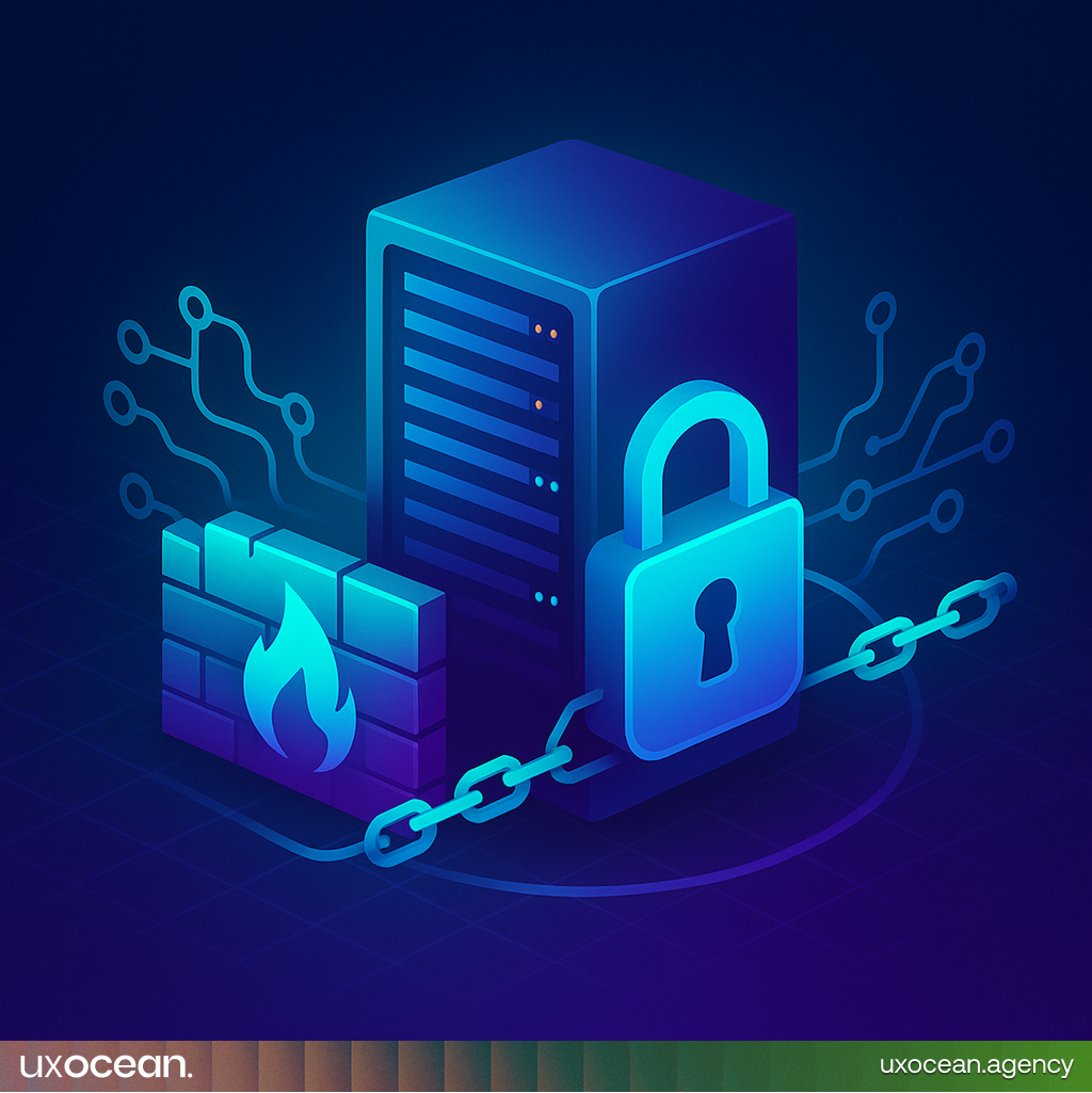 Illustration of a locked server with shield, firewall, and secure network nodes in a neon gradient tech environment