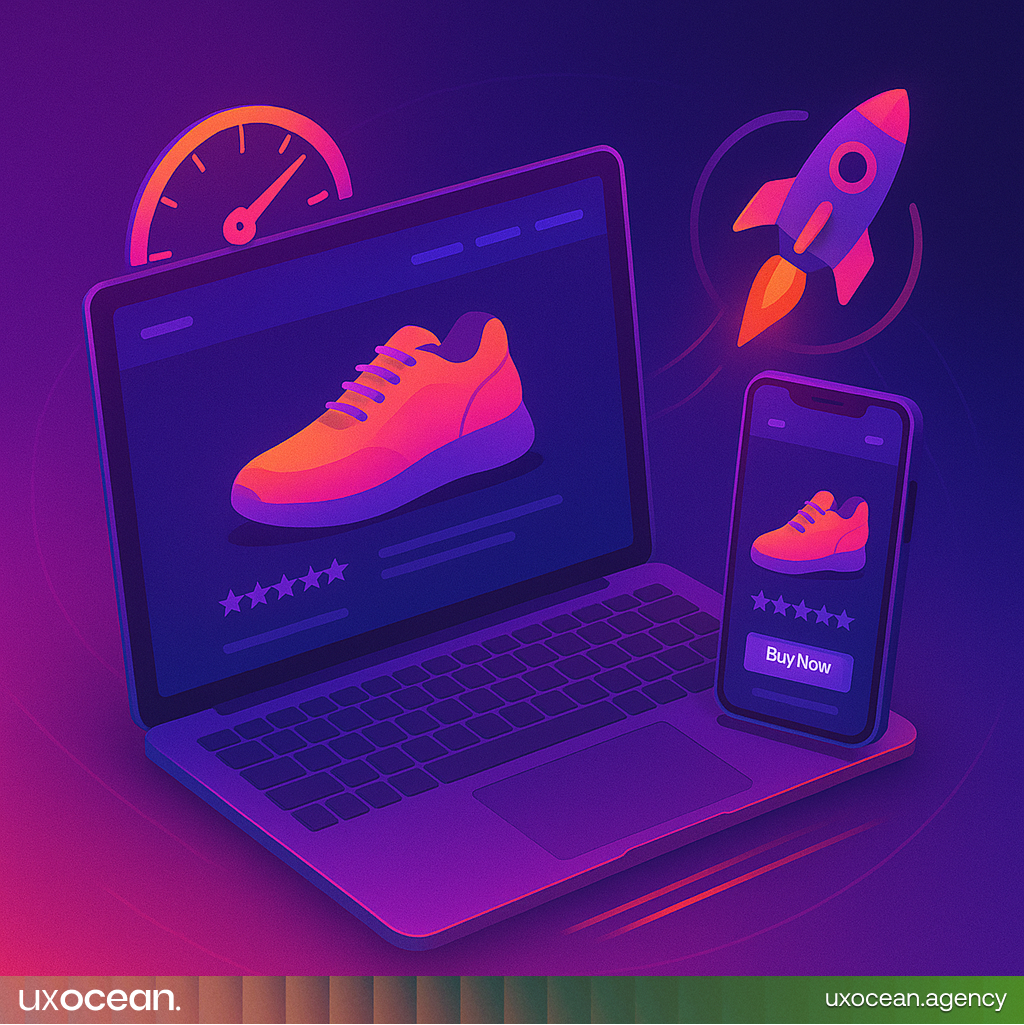 Gradient design showing optimized product page loading instantly on mobile and desktop devices