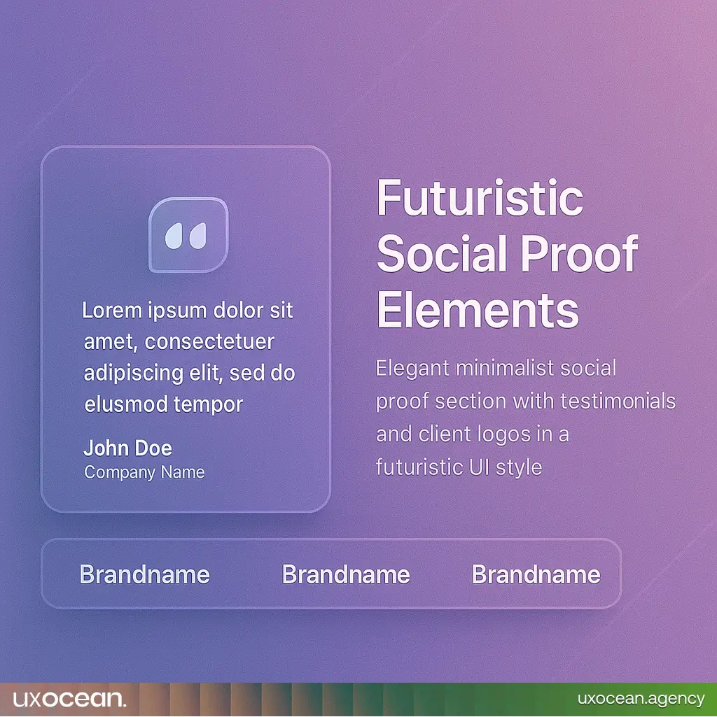 Elegant minimalist social proof section with testimonials and client logos in a futuristic UI style.
