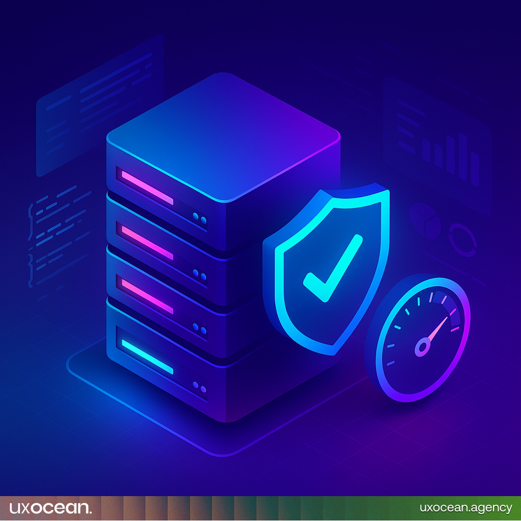 Futuristic gradient-styled server rack protected by shield icon and speed meter symbolizing fast and secure web hosting solutions