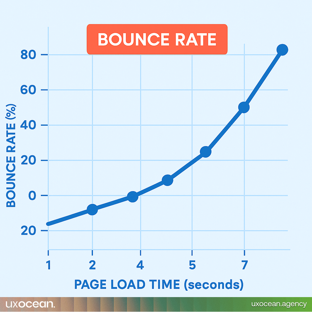 This graph demonstrates the impact of speed: at around 2–3 seconds of load time, bounce rates jump dramatically. By 5 seconds, a website’s bounce rate can approach 38% or more. And about 9% when pages load in a blink (under 2 seconds). Clearly, a slow site means losing visitors who might never return.