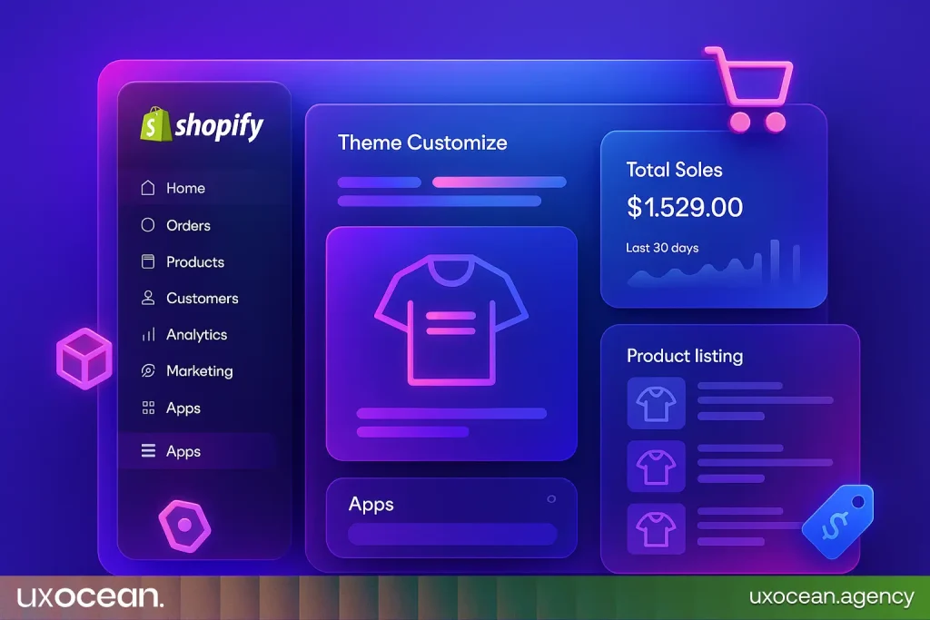 Modern Shopify admin panel mockup with custom theme editor, sales analytics, and app integration tabs