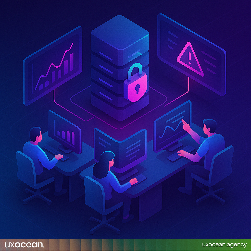 Futuristic concept showing a team managing server performance and security in real-time using advanced tech tools