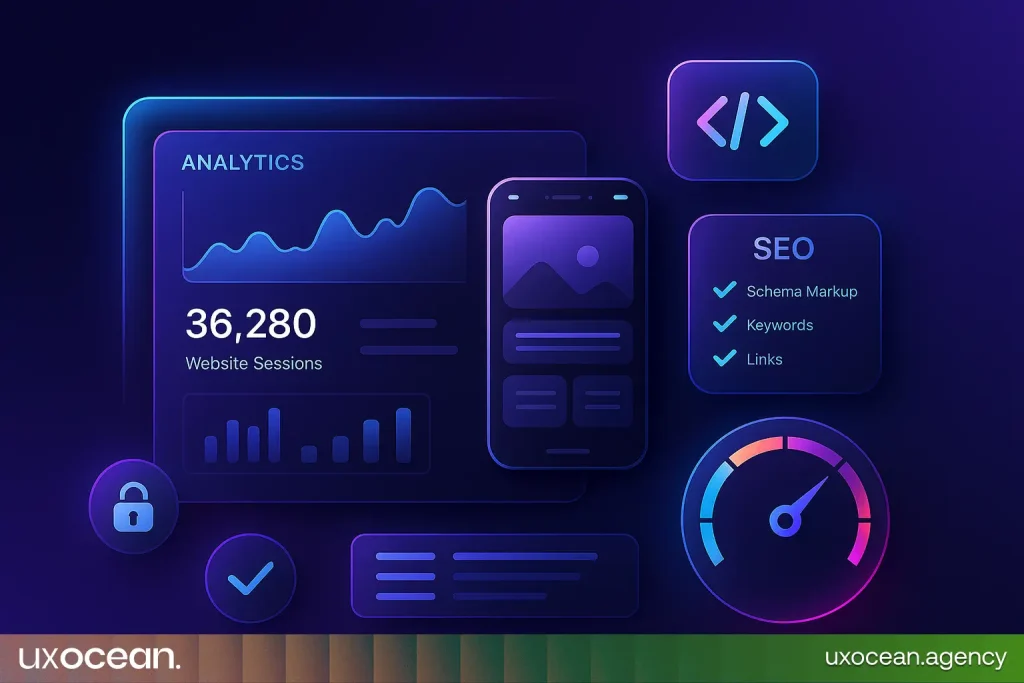 Illustration showing CMS speed optimization, schema SEO markup, mobile responsiveness, and analytics setup