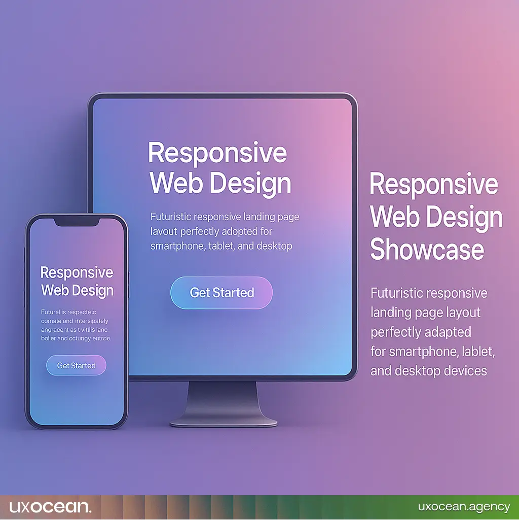 Futuristic responsive landing page layout perfectly adapted for smartphone, tablet, and desktop devices.