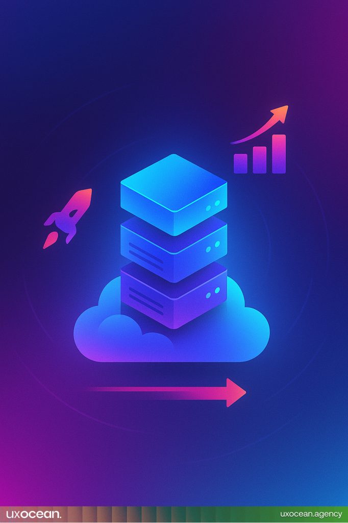 Illustration of scalable cloud servers expanding upward with data flow animations and glowing startup icons