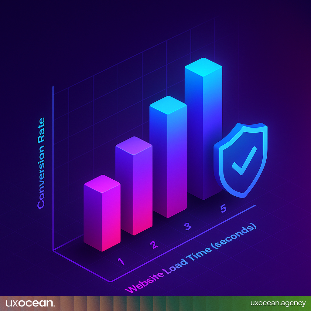 Bar chart showing website load time versus conversion rate with gradient futuristic styling