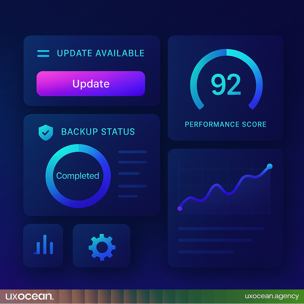 Modern web maintenance dashboard showing updates, backups, and performance metrics in a clean futuristic UI