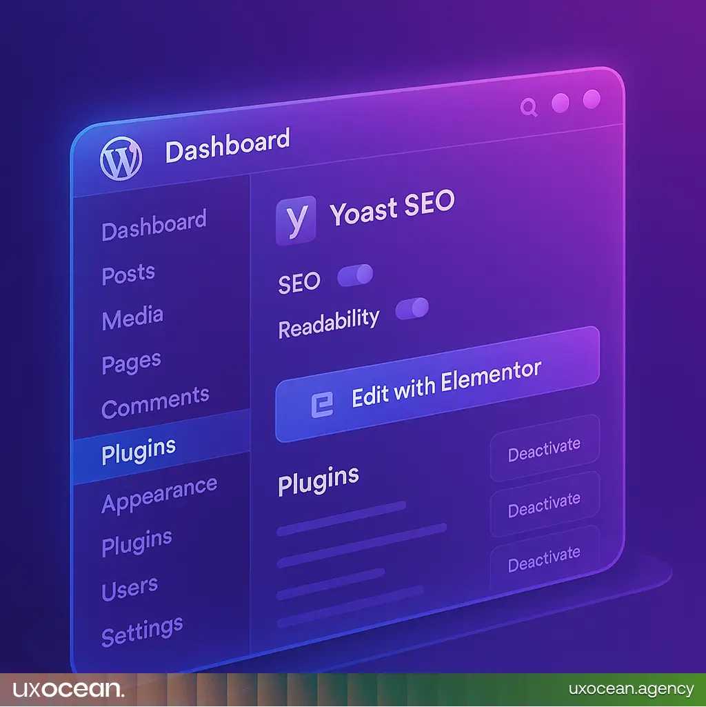 Gradient mockup of custom WordPress admin dashboard showing Yoast SEO, plugin panel, and visual builder