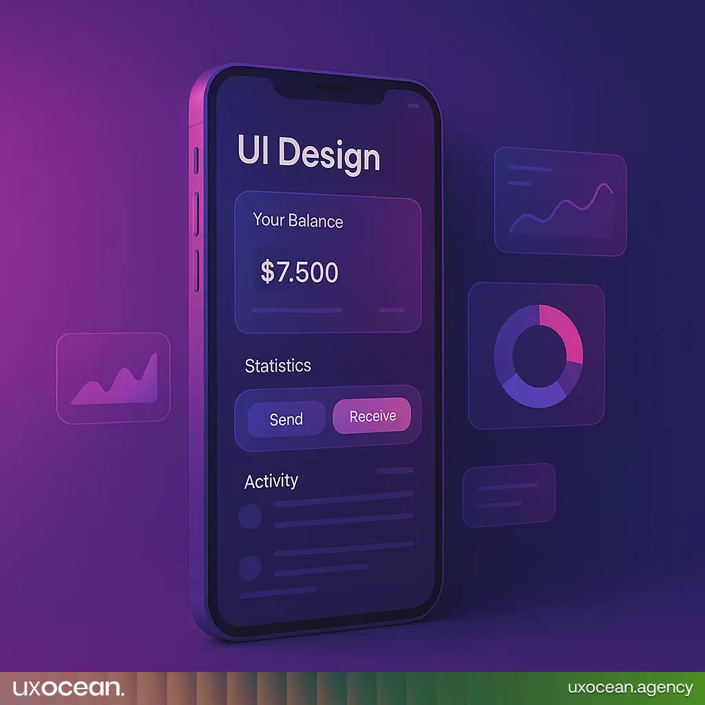 Stylish mobile app UI interface mockups in dark gradient tones with clean layouts and touch-friendly design