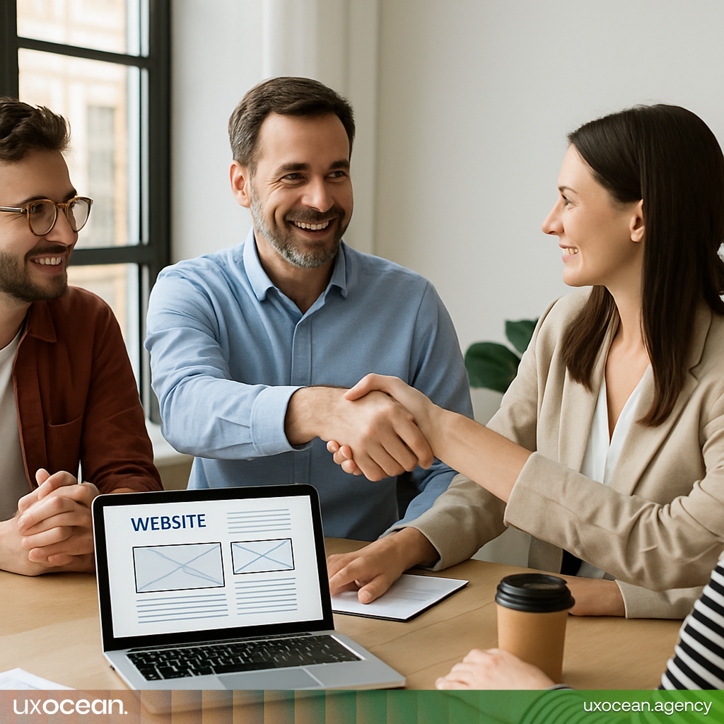 usiness owner meeting with a web design agency team to discuss a responsive web design project.