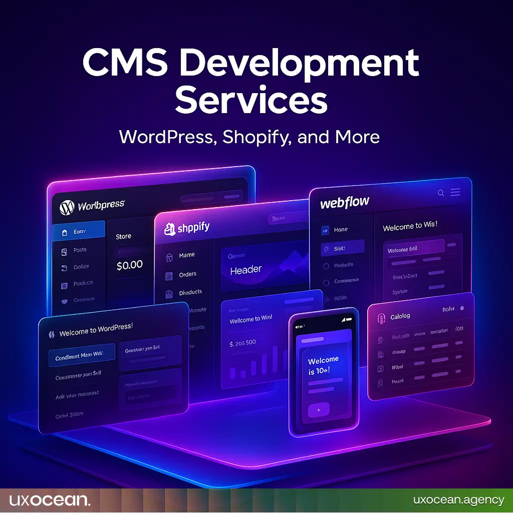 Gradient futuristic illustration showcasing CMS platforms like WordPress, Shopify, Webflow, Wix, and Magento with UI mockups