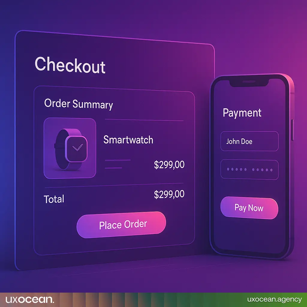 Modern UI eCommerce checkout flow mockup in neon gradients, showcasing conversion-optimized design for mobile and desktop. Luxury tech app concept.