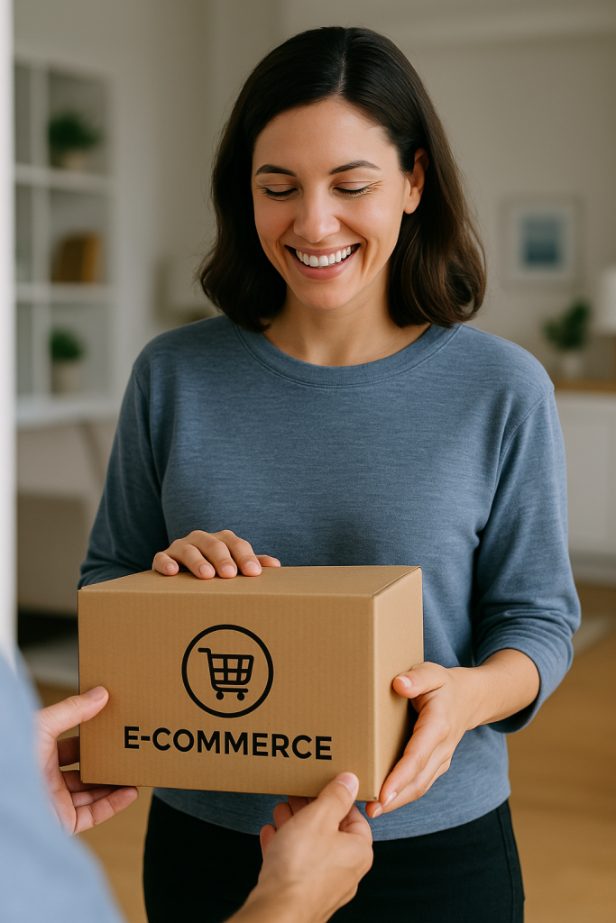 Satisfied customer receiving a delivery package from an e-commerce store, symbolizing customer satisfaction.