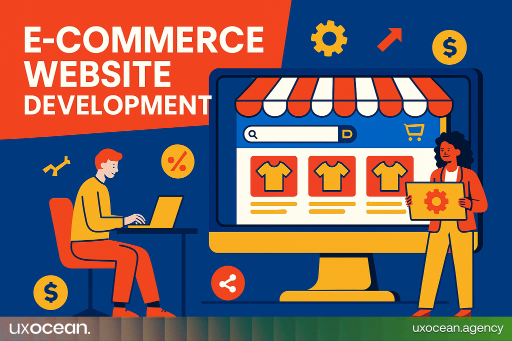 Colorful illustration depicting e-commerce website development with a laptop, mobile phone, and modern design icons representing products, growth, and security.