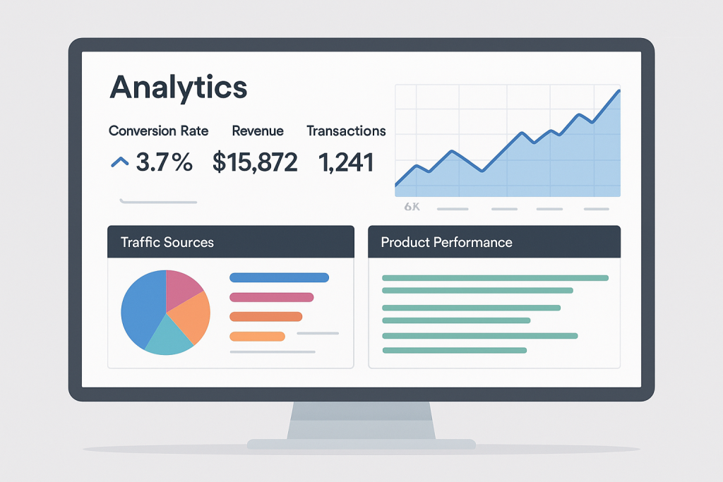 Digital marketing dashboard with e-commerce analytics, showing graphs, conversion rates, and traffic metrics.