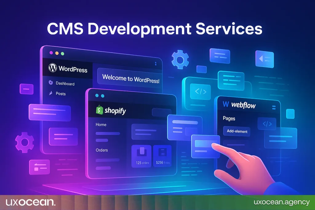 Illustration of CMS development process with platforms like WordPress, Shopify, and Webflow shown in layered screens