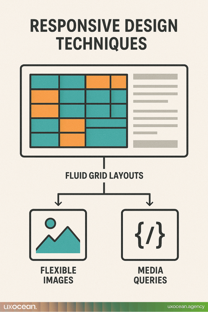Diagram showing the core responsive design elements – a fluid grid, flexible images, and CSS media queries – that adjust a website for different device sizes.