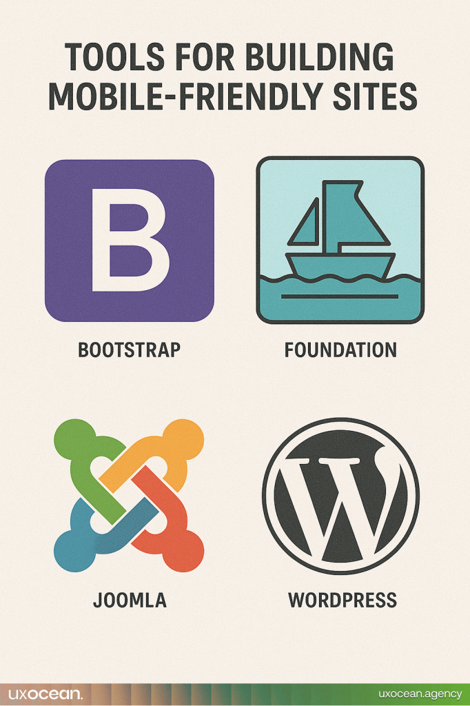 Logos of responsive web design frameworks and CMS platforms, illustrating tools that help create responsive websites.