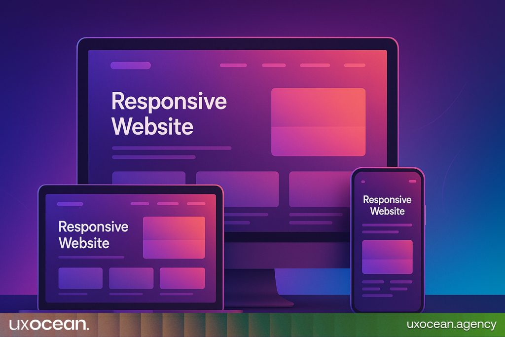 Responsive web design layout on multiple devices with a modern, gradient interface for mobile-friendly websites