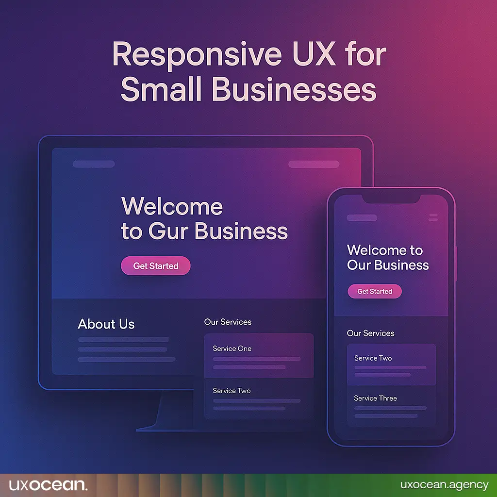 Responsive web and mobile layout design mockups tailored for small business websites, in futuristic agency-style gradient visuals