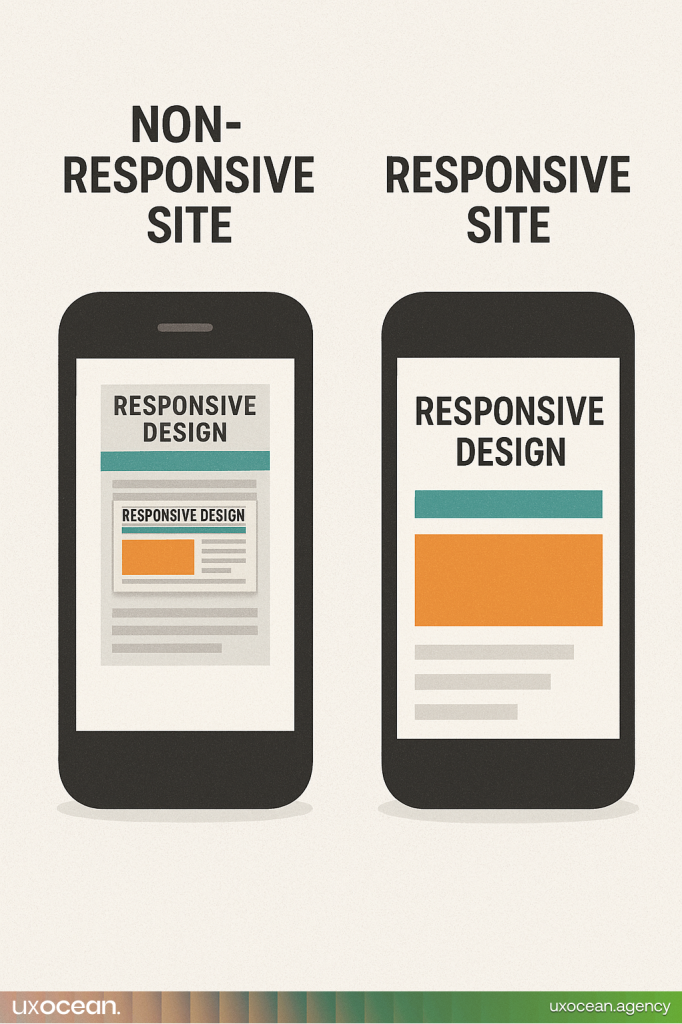 Side-by-side comparison of a non-responsive webpage (tiny on a phone) versus a responsive webpage (mobile-friendly and easy to read).