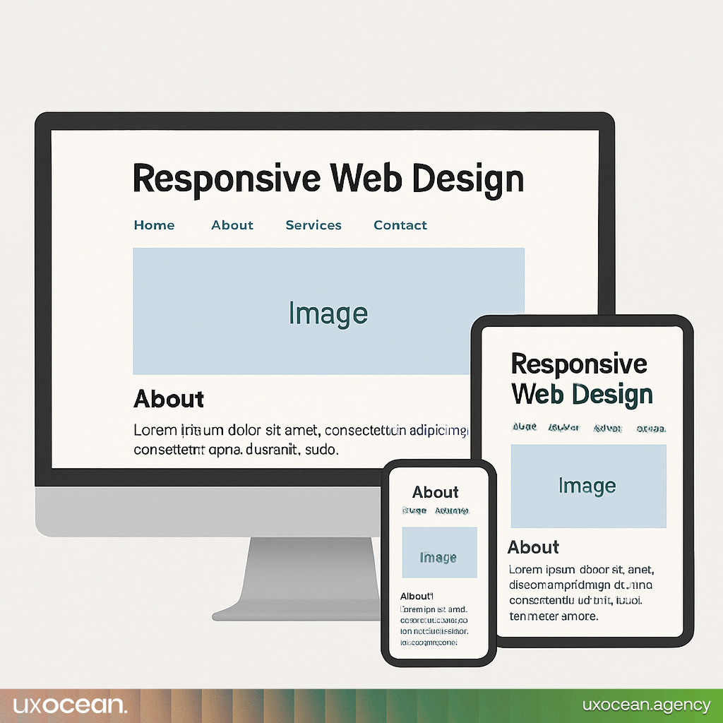 Sample website shown on desktop, tablet, and smartphone screens, demonstrating a responsive web design adapting to different devices.