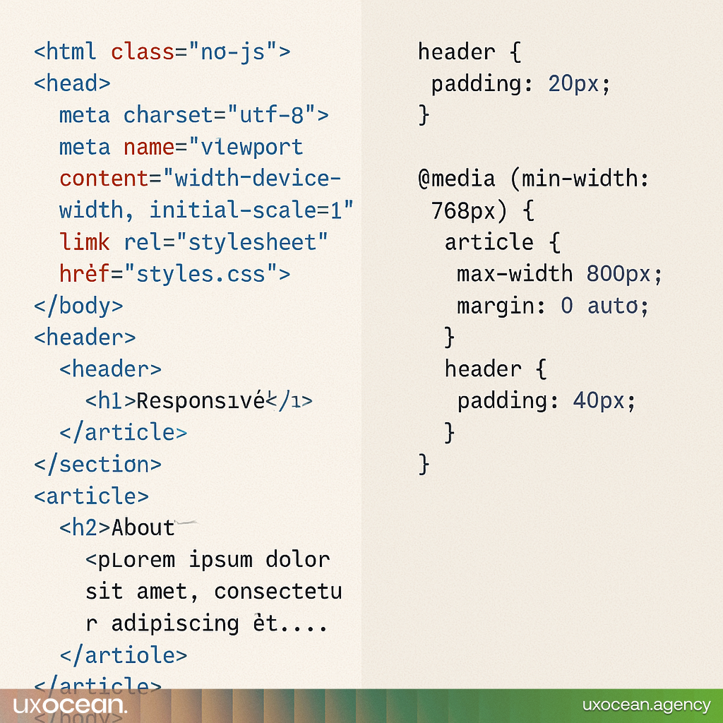 Code snippet example of HTML5 and CSS3 being used to create a responsive web page design, including a media query.